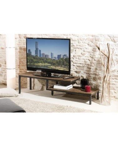 Meuble TV 2 tablettes plateau en teck recyclé et pieds métal noir