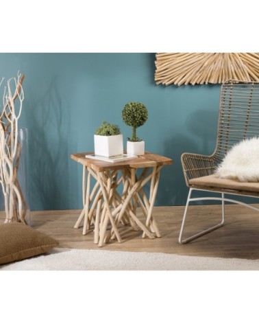 Table d'appoint nature plateau en teck pieds bois flotté L55