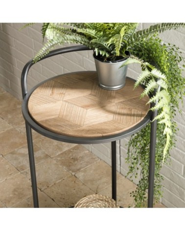 Table d'appoint ronde sapin marqueté pieds métal D40