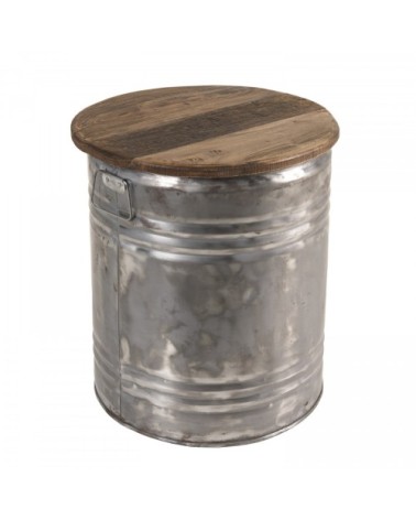 Table d'appoint ronde bidon esprit brocante acier bois recyclé D42