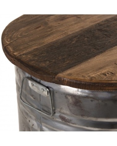 Table d'appoint ronde bidon esprit brocante acier bois recyclé D42