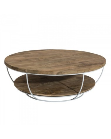 Table basse coque 2 plateaux en teck recyclé métal blanc D100