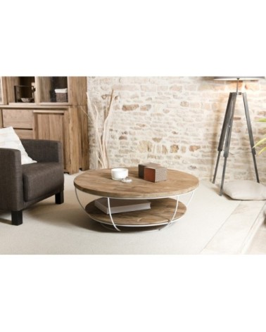 Table basse coque 2 plateaux en teck recyclé métal blanc D100