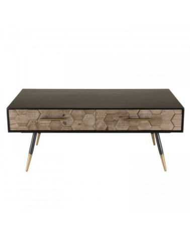 Table basse noire 2 tiroirs en sapin marqueté pieds métal L110