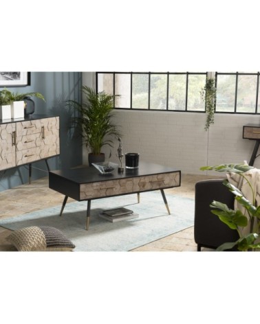 Table basse noire 2 tiroirs en sapin marqueté pieds métal L110