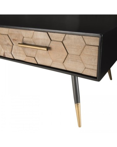 Table basse noire 2 tiroirs en sapin marqueté pieds métal L110
