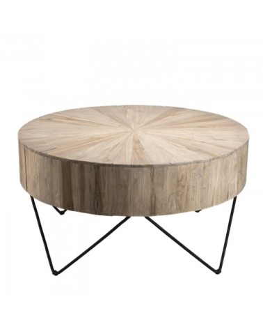 Table basse ronde nature plateau en teck pieds épingles métal noir D90