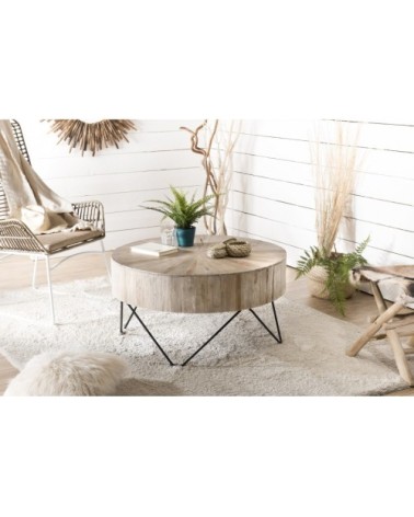 Table basse ronde nature plateau en teck pieds épingles métal noir D90