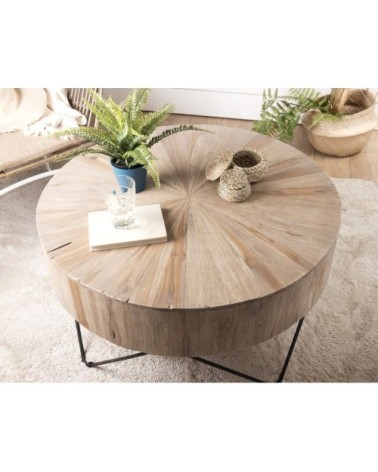 Table basse ronde nature plateau en teck pieds épingles métal noir D90