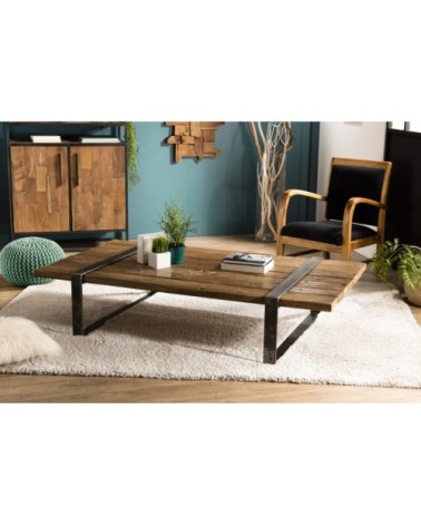 Table basse multi-planches en bois massif cerclée métal L161