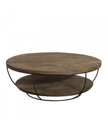 Table basse coque 2 plateaux en teck recyclé métal noir D100