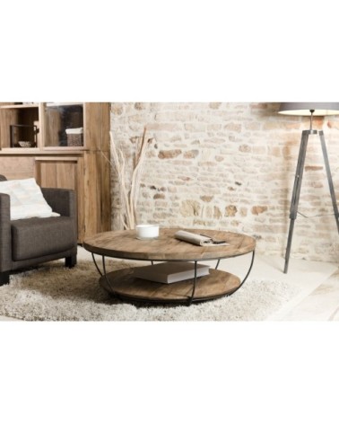 Table basse coque 2 plateaux en teck recyclé métal noir D100
