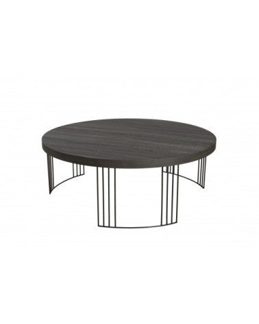 Table basse ronde plateau bois gris fonçé pieds métal noir D95