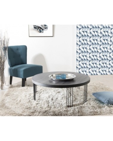 Table basse ronde plateau bois gris fonçé pieds métal noir D95