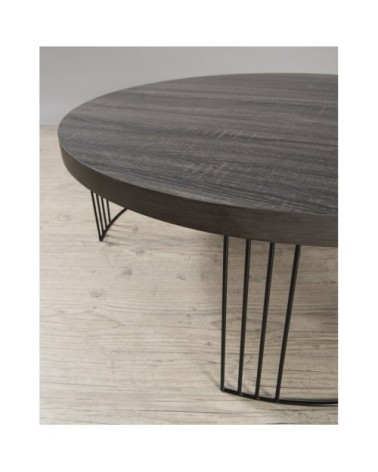Table basse ronde plateau bois gris fonçé pieds métal noir D95
