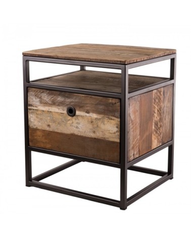 Table d'appoint tiroir en teck recyclé acacia mahogany métal noir L47