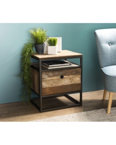 Table d'appoint tiroir en teck recyclé acacia mahogany métal noir L47