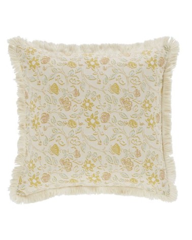 Coussin en coton écru, jaune moutarde et vert imprimé floral 45x45, OEKO-TEX®