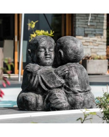 Statue moines Shaolin enlacés patiné gris H50cm