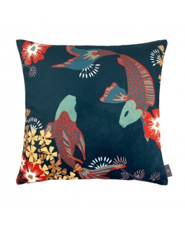 Housse de coussin imprimé les poissons koï made in france bleu 47x47