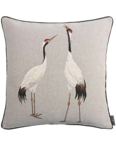 Housse de coussin tapisserie deux grues blanches made in france gris