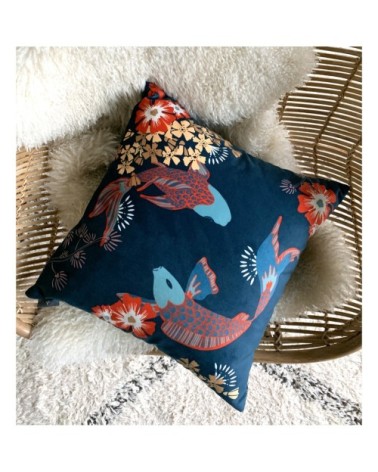 Housse de coussin imprimé les poissons koï made in france violet