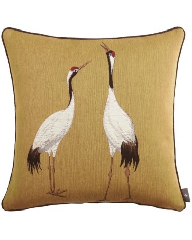 Housse de coussin tapisserie deux grues blanches made in france jaune