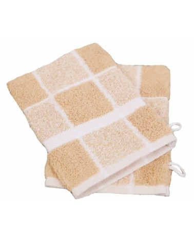 Lot de 2 gants de toilette carreaux en coton beige 15x21 cm