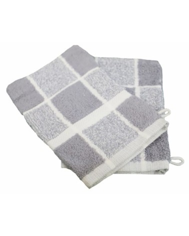 Lot de 2 gants de toilette carreaux en coton gris 15x21 cm
