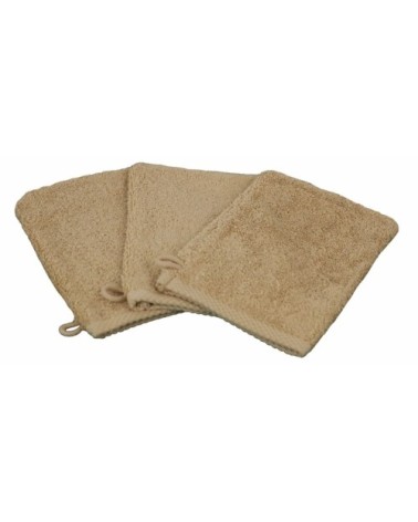 Lot de 3 gants de toilette eponge en coton beige foncé