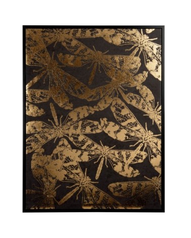 Impression  libellules dorées sur toile noire, cadre en bois noir 47x62