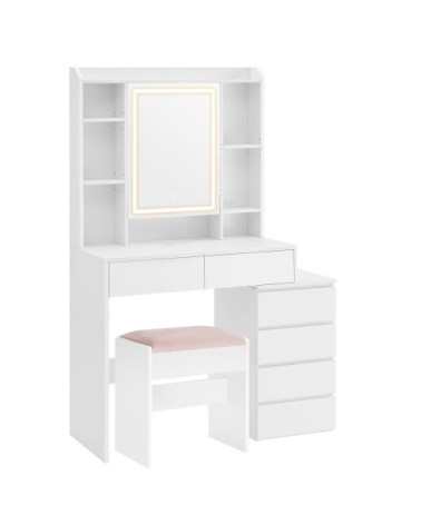 Coiffeuse avec miroir compartiments ouverts l 97,5 cm tabouret blanc