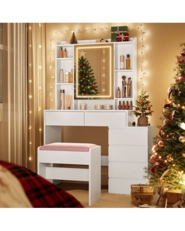 Coiffeuse avec miroir compartiments ouverts l 97,5 cm tabouret blanc