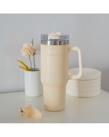Mug isotherme avec paille acier inoxydable 1,18 litres beige