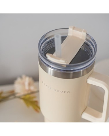 Mug isotherme avec paille acier inoxydable 1,18 litres beige