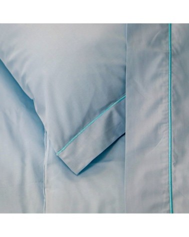 Parure drap plat et taies en percale de coton bleu 180x290 cm