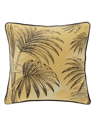 Coussin en coton jaune moutarde imprimé végétal noir 45x45, OEKO-TEX®