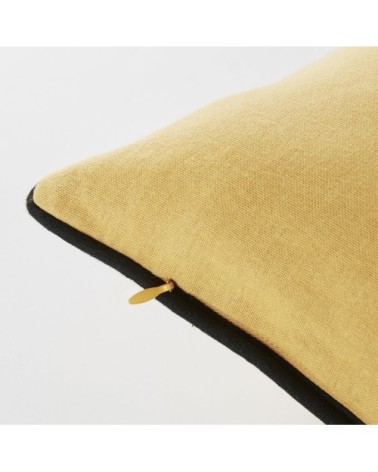 Coussin en coton jaune moutarde imprimé végétal noir 45x45, OEKO-TEX®