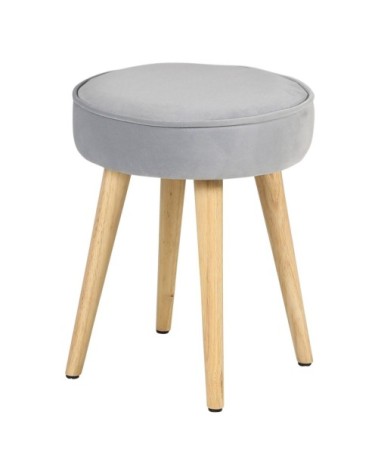Tabouret velours gris clair pieds bois clair
