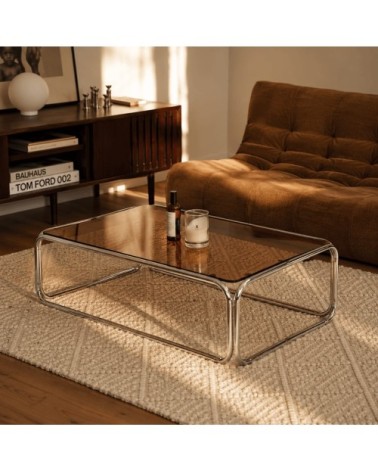 Table basse verre trempé orange foncé structure en chrome