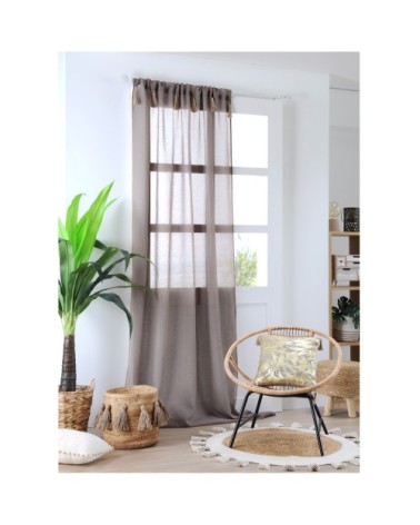 Voilage bohème à pompons en jute polyester taupe 260x140cm
