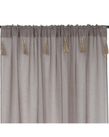 Voilage bohème à pompons en jute polyester taupe 260x140cm