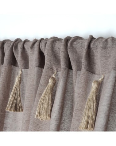 Voilage bohème à pompons en jute polyester taupe 260x140cm
