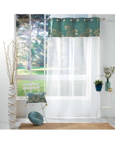 Voilage effet velours et imprimé or polyester pétrole 240x140cm