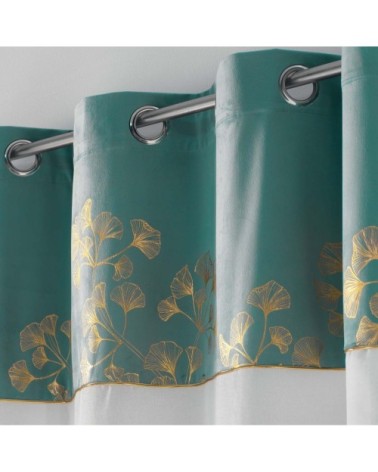 Voilage effet velours et imprimé or polyester pétrole 240x140cm