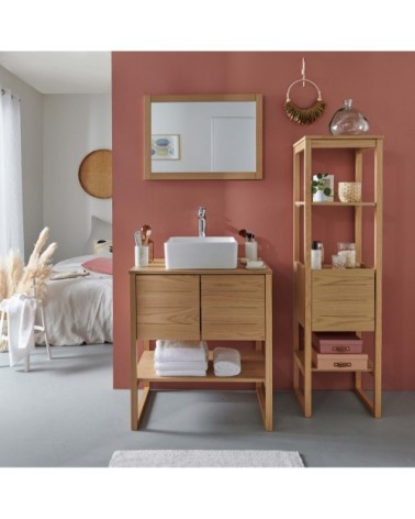 Meuble de salle de bain avec colonne, vasque, miroir effet bois clair