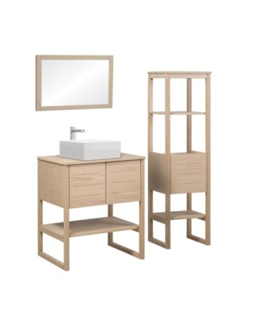 Meuble de salle de bain avec colonne, vasque, miroir effet bois clair