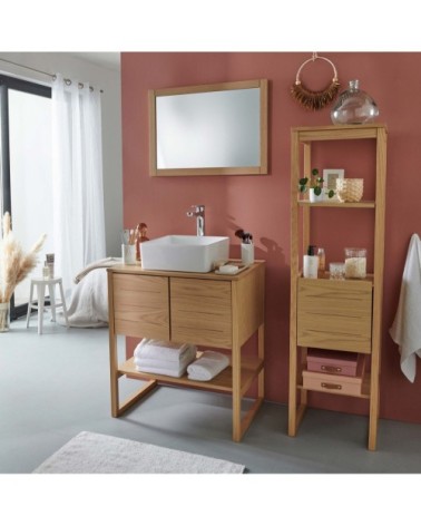 Meuble de salle de bain avec colonne, vasque, miroir effet bois clair