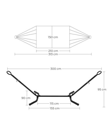 Hamac double avec support pour patio et jardin noir et gris
