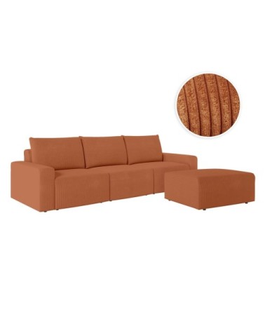 Pack - canapé droit fixe 3 places et pouf en velours côtelé terracotta
